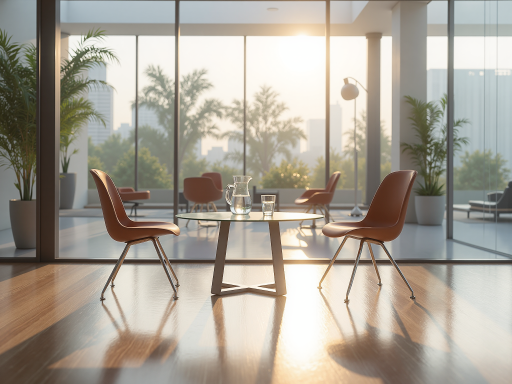 现代办公环境内部场景，宽敞明亮的会议室，玻璃隔断，简洁白色家具，商务人士正在讨论，暖色灯光营造舒适氛围