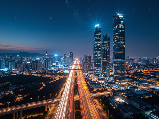 现代化城市天际线夜景，高楼大厦灯火通明，商务区繁华景象，象征未来发展和机遇